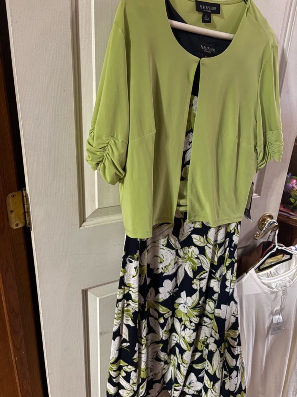 Perceptions Lime Green Jacket with Navy Floral Midi Dress